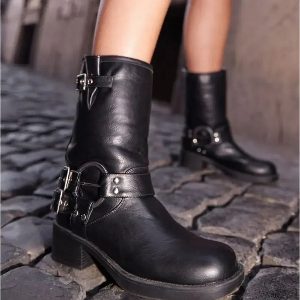 BLACK MOTO COMBAT BIKER BUCKLE BOOTIES